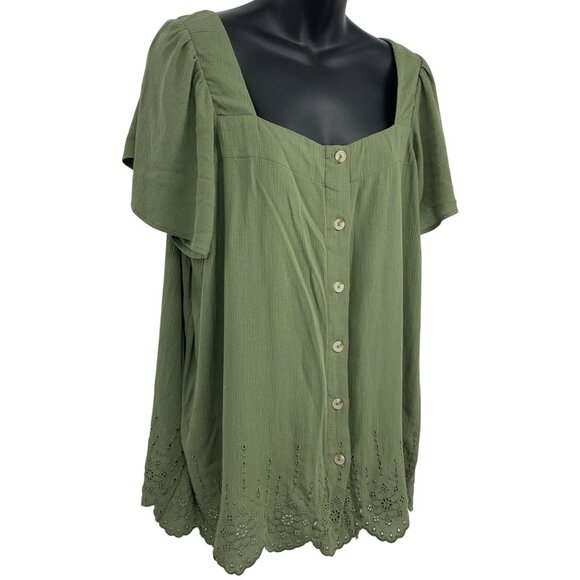 Torrid Women Plus 1 1X Blouse Green Button-Up Top Short Sleeve Square Nec New - Picture 3 of 9